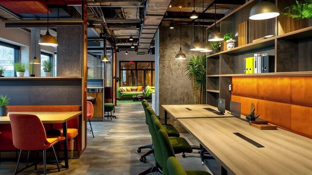 Hot desk area in a modern coworking space encouraging productivity and collaboration, Slider shot of hot desk in productivity co working office space