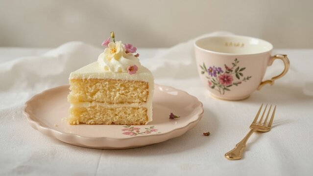 A slice of fluffy lemon layer cake with cream cheese frosting, garnished with edible flowers, on a pastel ceramic plate beside a cup of tea and gold fork.