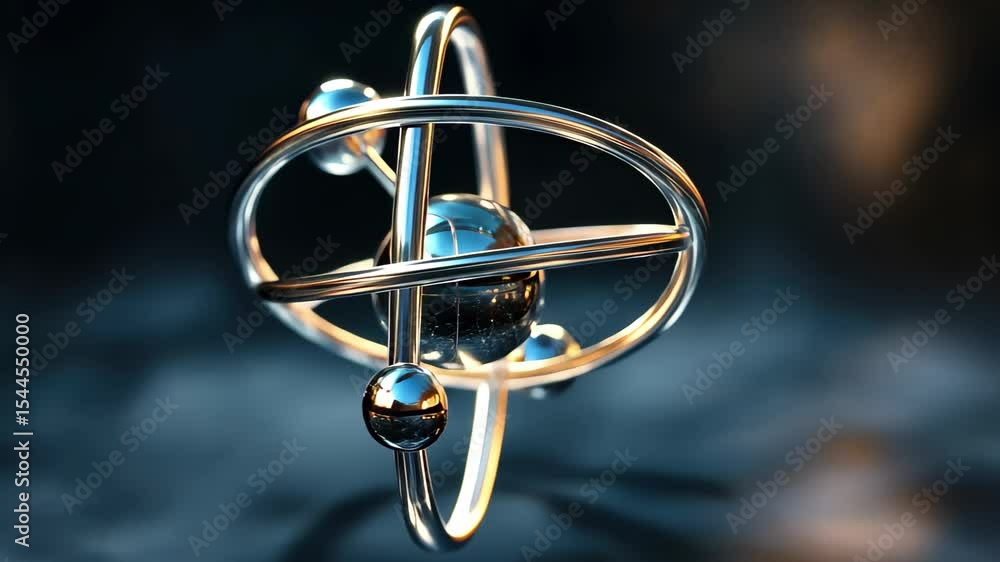 Poster shiny atom model with electron orbitals reflecting light in a dark background, shiny atom model able