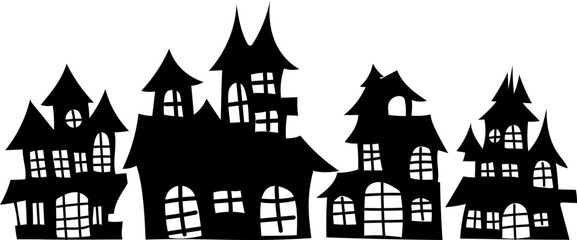 Silhouette of multiple haunted buildings with pointed roofs