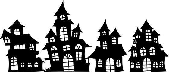 Row of black haunted buildings perfect for Halloween artwork