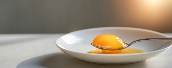 Egg yolk in spoon over a white bowl bright yellow color