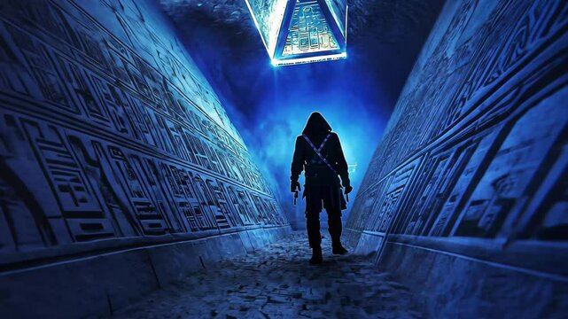 Mysterious glowing pyramid chamber reveals ancient artifacts and hieroglyphs in magical light, Mysterious pyramid chamber, artifacts glow, Amon Ra's statue gaze