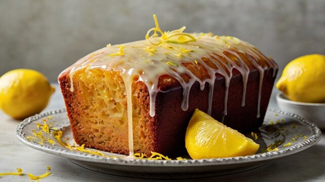 A lemon drizzle loaf cake fresh out of the oven, with glaze dripping between the cracks, surrounded by whole lemons, zester, and a bowl of lemon zest.