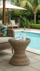 Obraz premium Luxurious wicker furniture displayed beside a sparkling pool creating an idyllic outdoor scene