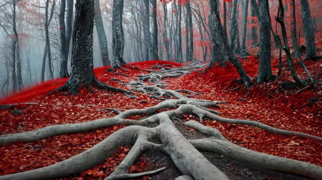 Roots intertwined on a path through the eerie red forest with vibrant foliage, Passing Tree Roots In Scary Red Forest