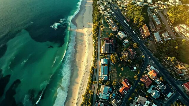 Bronte beach in Sydney showcases golden sands and vibrant coastal homes at sunset, Sydney beach of Bronte suburb Australia city residential area aerial view