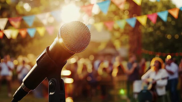 Microphone standing tall at an outdoor event with a sunlit crowd enjoying the festivities, Microphone in focus, outdoor event, audience, sunlight, flags