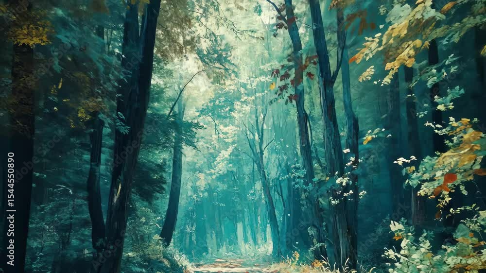 Poster exploring the tranquil summer forest with sunlight filtering through the trees, walking through the 
