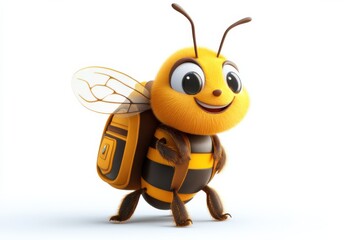A cheerful cartoon bee with backpack ready for an adventure with bright studio on white background. Generative Ai
