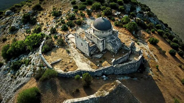 Unique aerial view of Monopteros structure surrounded by natural landscape on a sunny day, Aerial shot of the Monopteros