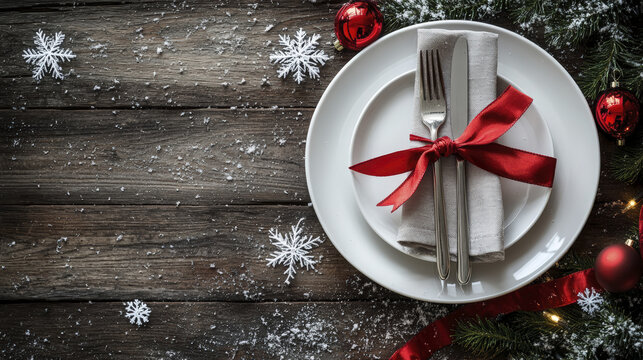 Holiday dinner setting displays white plates with silver cutlery tied by a bright red ribbon