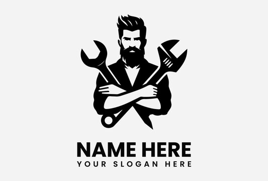 A bearded man with crossed arms holding wrenches, presented as a logo or emblem.