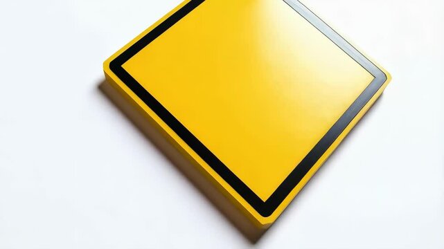 Bright yellow square warning sign with bold black border against plain white surface, angled shot for copy space and graphic elements