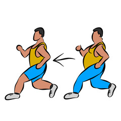 Illustration of a cartoon man jogging, weight loss, cardio training, health conscious concept running man, before and after