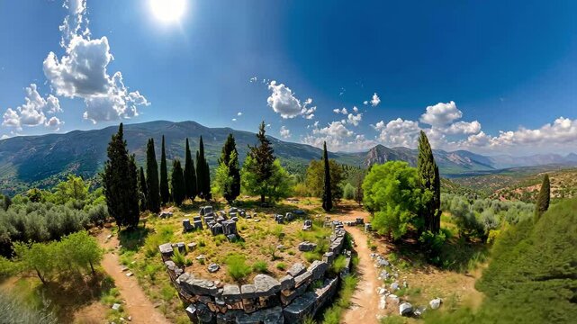Stunning aerial view of the ancient site of Delphi in Greece showcasing its historical significance and natural beauty, Delphi Greece historical site aerial panorama view