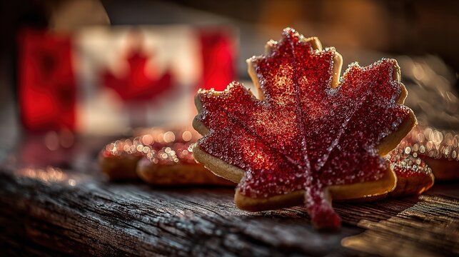 A red maple leaf cookie on a wooden plate with sugar crystals, Canadian flag bunting behind; celebrating Canada Day with sweet tradition.
