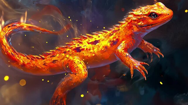 Fiery salamander in a vibrant digital landscape with swirling flames and dynamic colors, The fiery salamander Anime or digital painting style