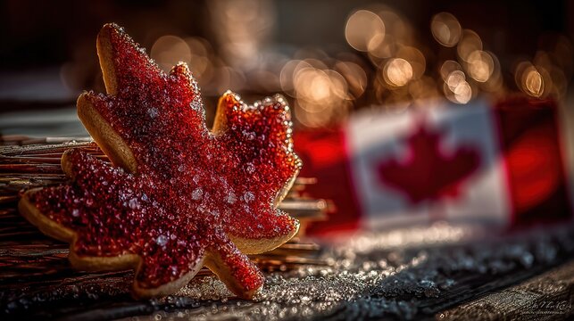 A red maple leaf cookie on a wooden plate with sugar crystals, Canadian flag bunting behind; celebrating Canada Day with sweet tradition.