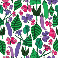 purple and green peas with beautiful flowers illustration seamless pattern. purple, green pea pods with colored leaves, purple, pink flowers seamless hand drawn pattern. It is good for fabric, textile