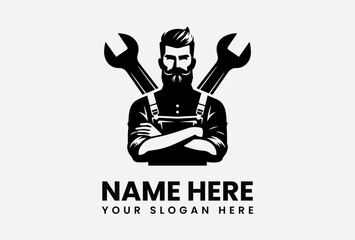 Mechanic with crossed arms and wrenches behind him, logo design.