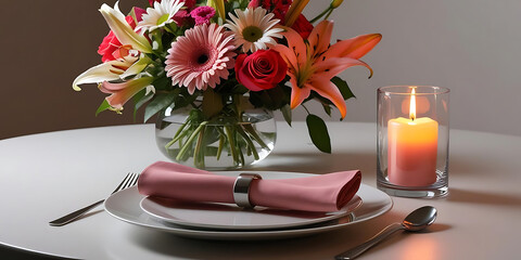 Glowing Candle and Floral Vase Table Setting


