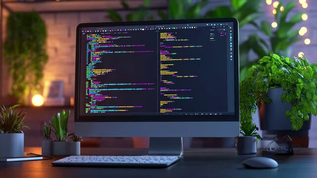 Creative coding workspace featuring vibrant application development on a computer screen at night, Application development and coding concept Minimal cartoon style