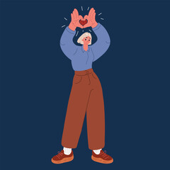 Cartoon vector illustration of a woman forming a heart with her hands, symbolizing unity, community support, and encouragement