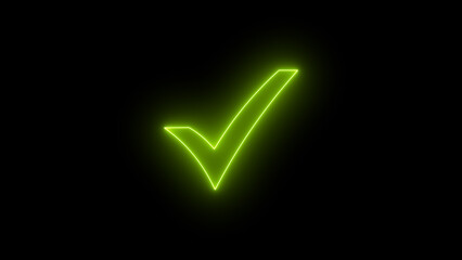 glowing green neon check mark symbol on dark black background, success and approval concept, minimalist design