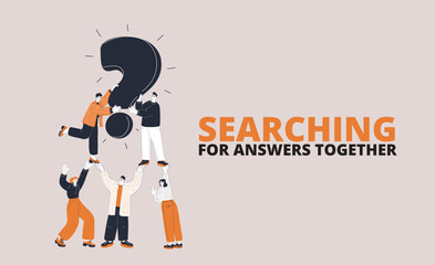 Vector illustration of a group of people holding a giant question mark, symbolizing teamwork, curiosity, and collective problem-solving