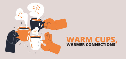 Vector illustration of three hands clinking cups, symbolizing friendship, mutual support, and trust in teamwork