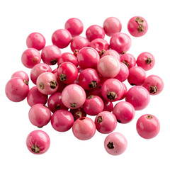 Vibrant collection of pink peppercorns piled high, showcasing their unique texture on transparent background