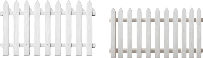 Fototapeta premium Two White Wooden Picket Fences with Vertical Slats and Decorative Points on Transparent Background