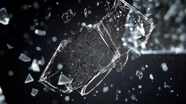 Slow motion glass shattering with fragments soaring from right to left during a dramatic moment, Slow Motion Glass Shattering From Right To Left Over Black Background in