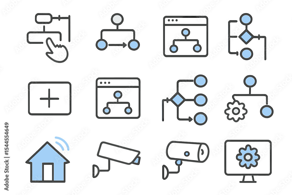 Poster smart home and technology icons featuring automation and security elements