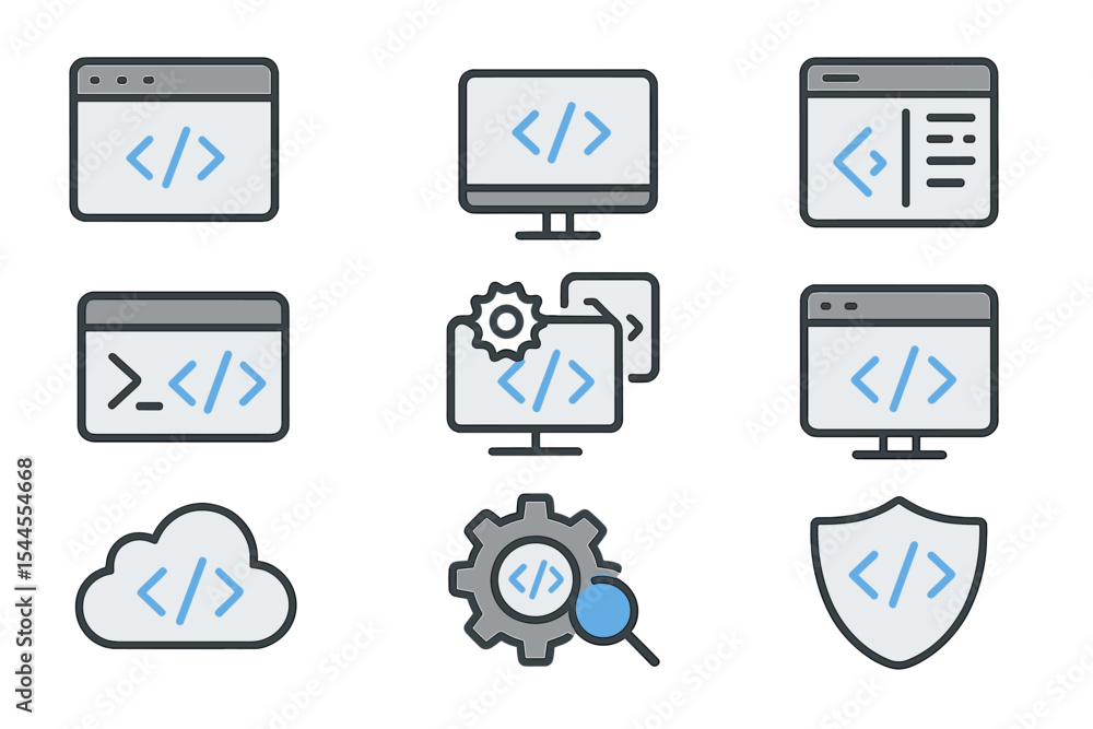 Poster programming code icons set: development, cloud, security, gear, monitor
