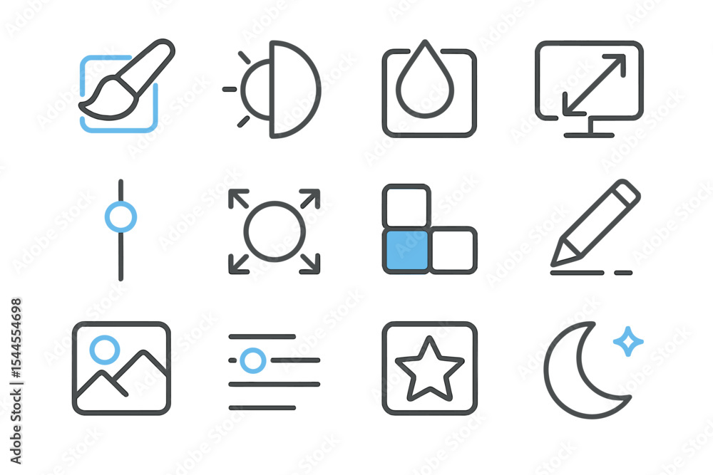 Poster set of minimalistic design and editing tools icons on dark background