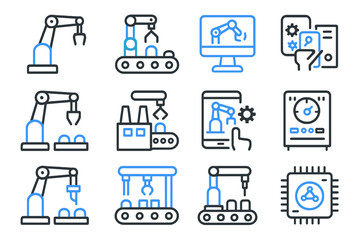 Blue neon industrial icons: robotics, automation, and technology concepts