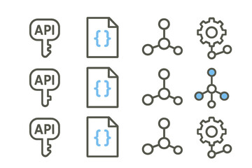Api key and automation icons on yellow background with technical symbols