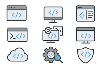 Programming code icons set: development, cloud, security, gear, monitor