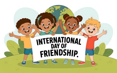 Happy diverse children celebrate international day of friendship