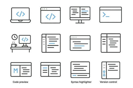 Set of coding and development icons for software interface design