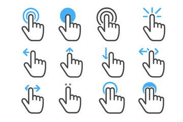 Fototapeta premium Gesture icons: twelve touchscreen movements with blue highlights on dark background