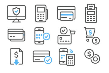 Digital payment icons featuring mobile, card, and e-commerce themes