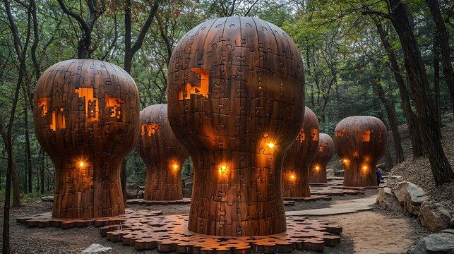 Shot of imaginative learning forest made giant interconnected wooden puzzle piece where each piece represents different concept math science art kid interact they walk through Each piece embedded LED