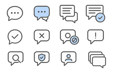 Communication icons set: chat bubbles, checkmarks, crosses, and alerts