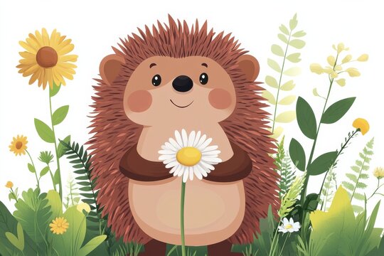 Sweet hedgehog holding a daisy in a floral meadow digital art with bright on white background. Generative Ai