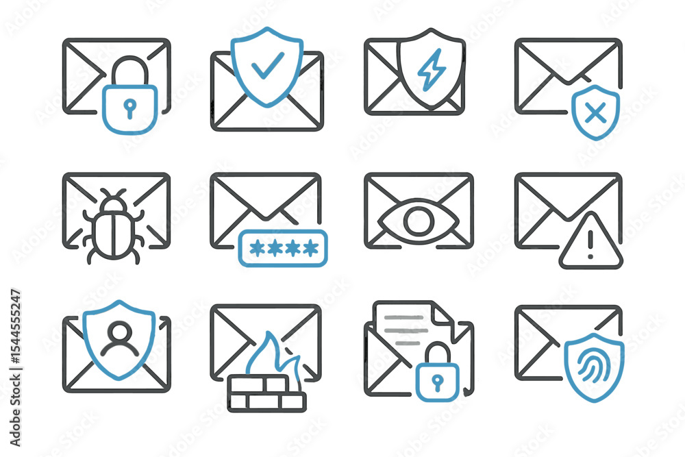 Aufkleber cybersecurity icons set with envelopes and security symbols on dark background