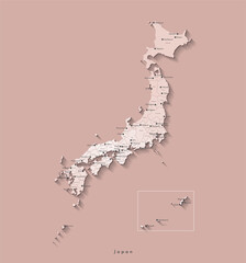 Vector isolated illustration. Simplified administrative map of Japan. Beige shapes of regions. Names of japanese cities and prefectures. Brown background