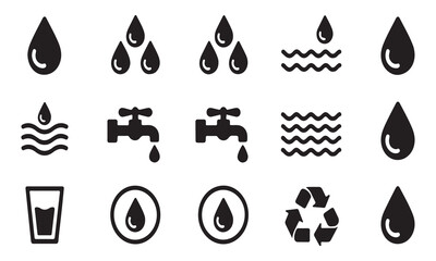 Water drop icons set tap water glass recycle symbol